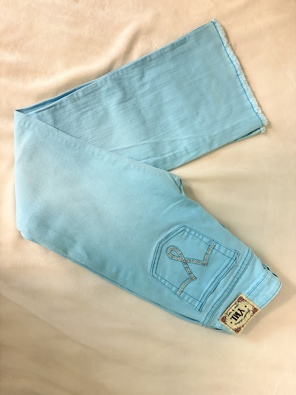 YMI Women's Jeans Aqua Blue Flare Size 5 Y2K Frayed Hem Embellished Denim